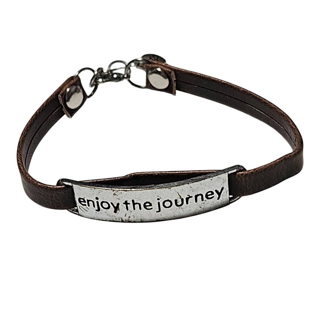 Enjoy the Journey Engraved Plate Bracelet Silver Tone Brown Leather Heart Charm